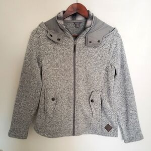 Eddie Bauer Sweatshirt Jacket Heathered Gray Plaid Trim Full Zip Hooded Medium